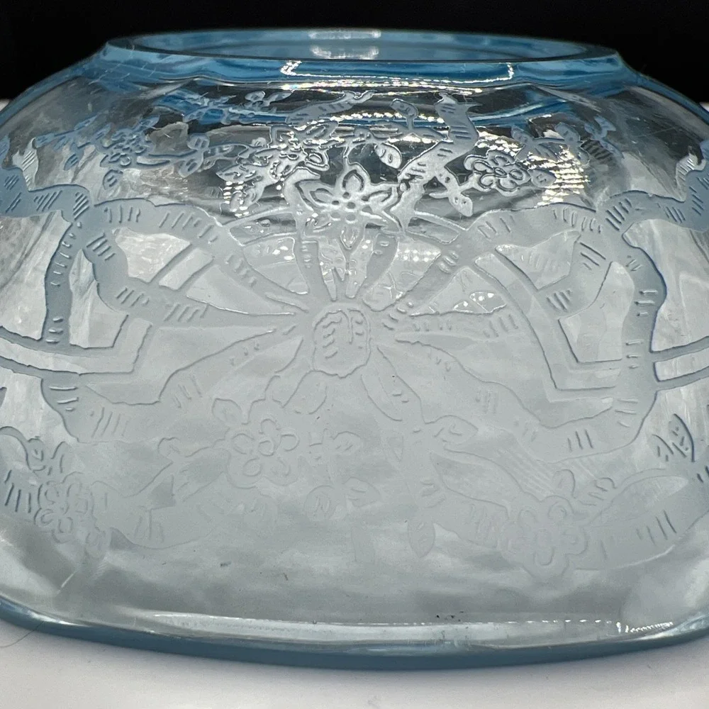 Vintage Fostoria June Azure Blue Etched Glass Divided Relish Dish Serving Tray